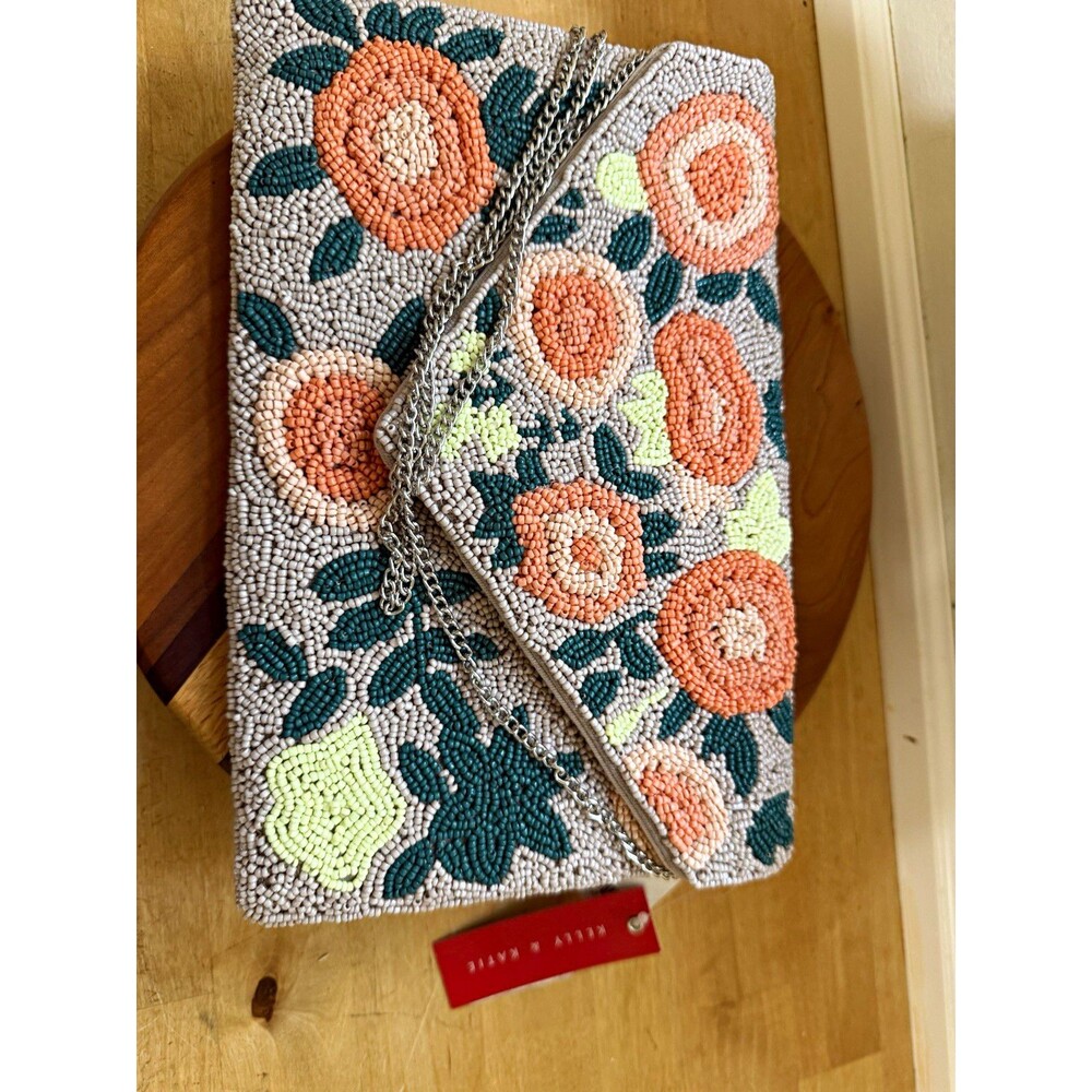 Kelly & Katie Beaded Floral Clutch Purse Lined Silver Chain Strap Gray Orange